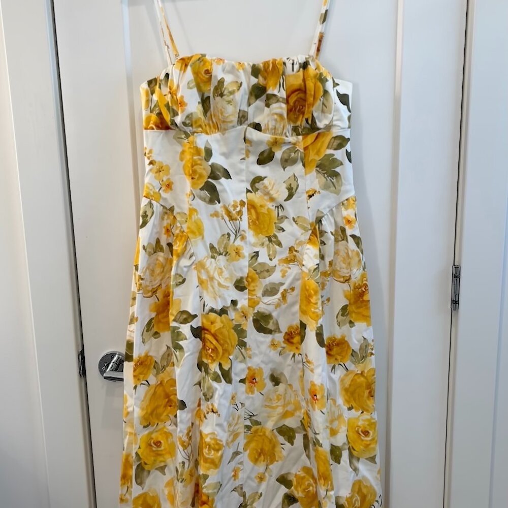 Mango Floral Midi dress, gathered neckline, yellow, Size XL, brand new with tags